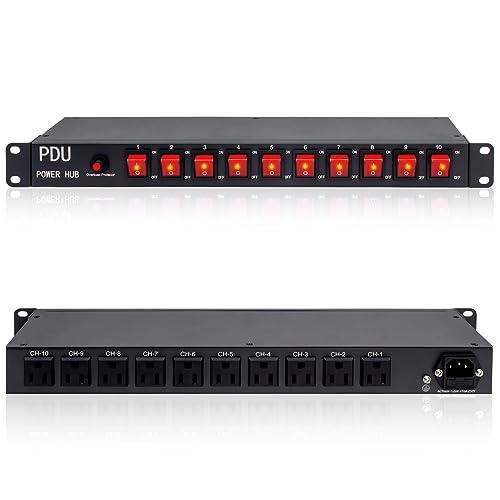 10 Outlet Horizontal 1U Rack Mount PDU Power Strip - Surge Protection,10 Individual Led Switches，AC 100V-240V-15A.for Network Server Racks, 6 Feet Heavy Power Cord