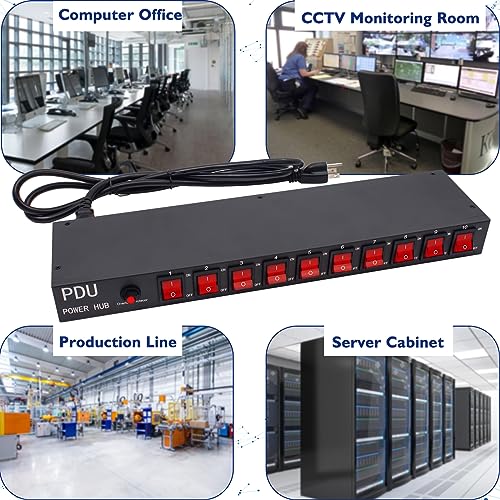 10 Outlet Horizontal 1U Rack Mount PDU Power Strip - Surge Protection,10 Individual Led Switches，AC 100V-240V-15A.for Network Server Racks, 6 Feet Heavy Power Cord
