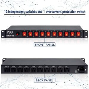 10 Outlet Horizontal 1U Rack Mount PDU Power Strip - Surge Protection,10 Individual Led Switches，AC 100V-240V-15A.for Network Server Racks, 6 Feet Heavy Power Cord