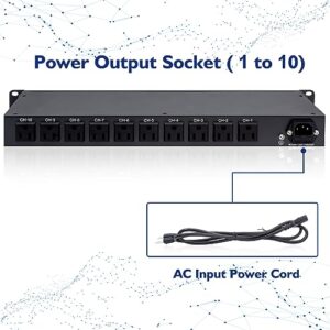 10 Outlet Horizontal 1U Rack Mount PDU Power Strip - Surge Protection,10 Individual Led Switches，AC 100V-240V-15A.for Network Server Racks, 6 Feet Heavy Power Cord