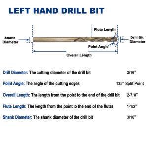 3/16-Inch Cobalt Steel M35 Left Hand Drill Bit for Removing Damaged Bolts and Screws, Pack of 6