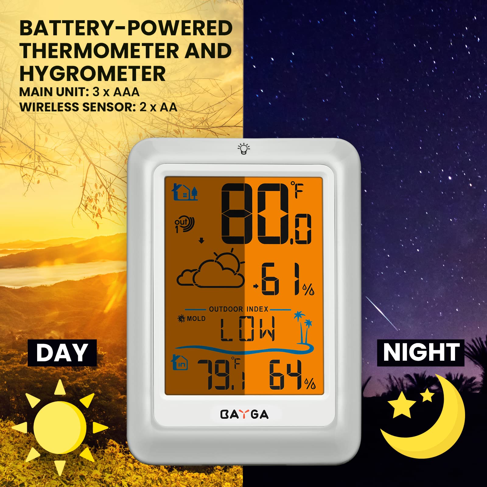 BAYGA Indoor Outdoor Thermometer Wireless Digital Hygrometer, High Precision Temperature Humidity Gauge Monitor with 330ft Range Remote Sensor, Backlight Room Thermometer with Outdoor Index