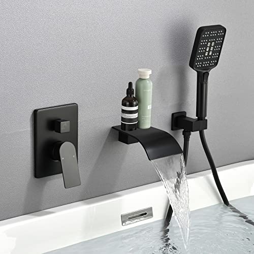 Bathtub Faucet Set with Handheld Sprayer Tub Filler Faucets with Rough-in Valve Trim Kit Wall Mount Tub Faucets Matte Black