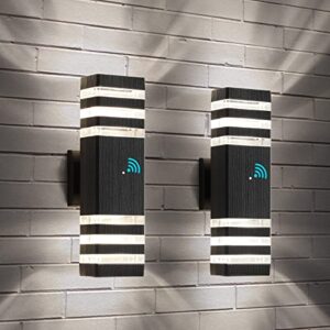 tewei dusk to dawn outdoor wall lights, modern exterior light fixture, 3-layer up and down matte black outdoor lights ip65 3000k warm white waterproof modern wall sconce for garage porch, 2 pack