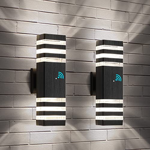 tewei Dusk to Dawn Outdoor Wall Lights, Modern Exterior Light Fixture, 3-Layer Up and Down Matte Black Outdoor Lights IP65 3000K Warm White Waterproof Modern Wall Sconce for Garage Porch, 2 Pack