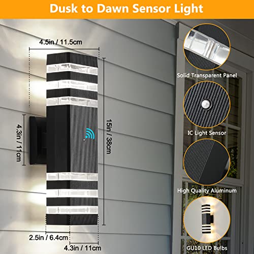 tewei Dusk to Dawn Outdoor Wall Lights, Modern Exterior Light Fixture, 3-Layer Up and Down Matte Black Outdoor Lights IP65 3000K Warm White Waterproof Modern Wall Sconce for Garage Porch, 2 Pack