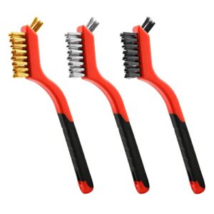 wire brush set, 3 pcs stainless steel/brass/nylon wire brushes for cleaning with curved handle grip for rust removal, dirt, paint scrubbing(red)