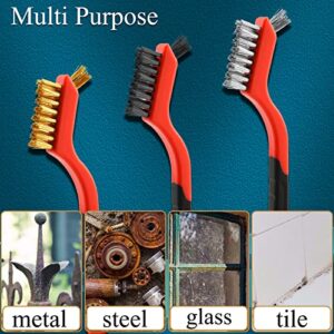 Wire Brush Set, 3 Pcs Stainless Steel/Brass/Nylon Wire Brushes for Cleaning with Curved Handle Grip for Rust Removal, Dirt, Paint Scrubbing(Red)