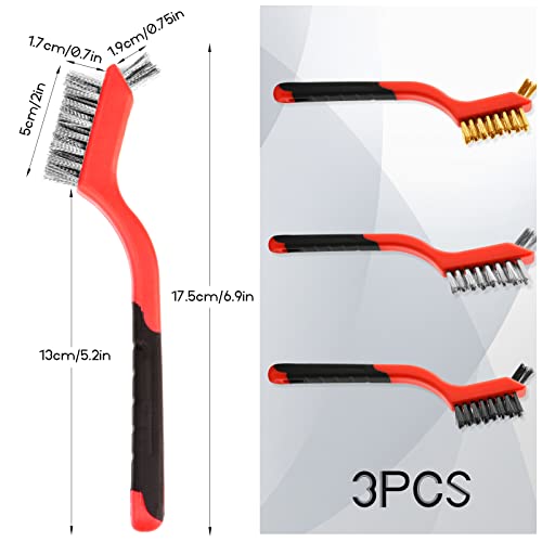 Wire Brush Set, 3 Pcs Stainless Steel/Brass/Nylon Wire Brushes for Cleaning with Curved Handle Grip for Rust Removal, Dirt, Paint Scrubbing(Red)