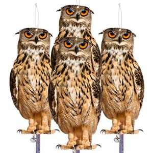 fake owls to keep birds away, bird scare device, bird scarer, cardboard hanging reflectors, flat paper garden owls scare pigeons woodpeckers rodent goose away from porch patio garage tree pool 4pcs