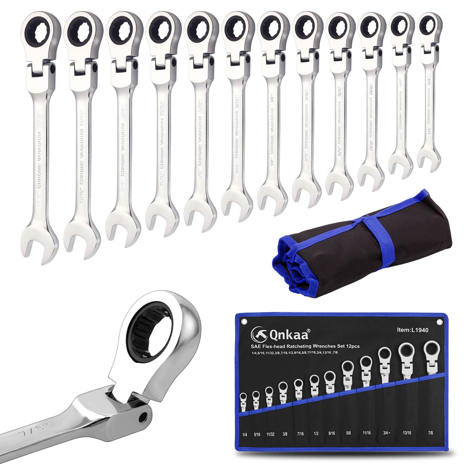 Qnkaa 12pcs Flexible Ratchet Wrenches Set SAE 1/4” to 7/8“ Inch Standard Spanners Gear Ring Ratcheting Combination Flexi Wrench Kit Flex Flexible Head