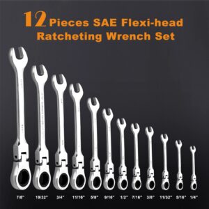 Qnkaa 12pcs Flexible Ratchet Wrenches Set SAE 1/4” to 7/8“ Inch Standard Spanners Gear Ring Ratcheting Combination Flexi Wrench Kit Flex Flexible Head