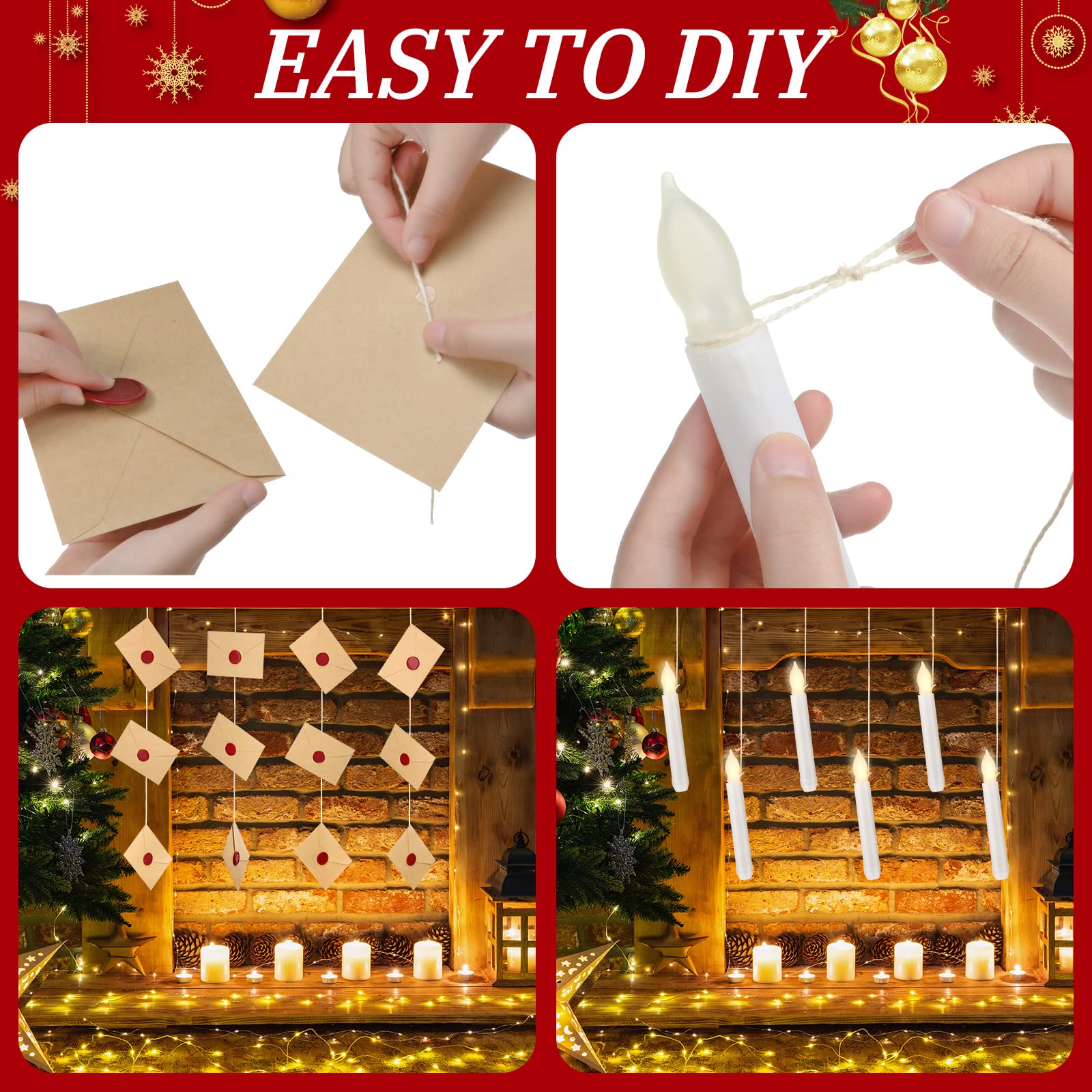 6 Pcs Christmas LED Floating Candles Flameless Candles with 20 Vintage Blank Envelopes Brown Invitation Envelopes with Wax Seal Stickers, Glue Point Dots and White Rope Roll for Christmas Themed Party