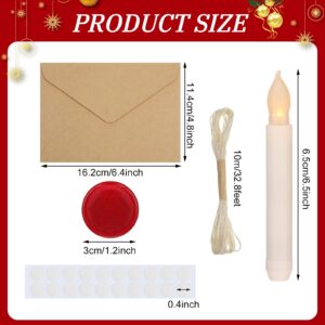 6 Pcs Christmas LED Floating Candles Flameless Candles with 20 Vintage Blank Envelopes Brown Invitation Envelopes with Wax Seal Stickers, Glue Point Dots and White Rope Roll for Christmas Themed Party