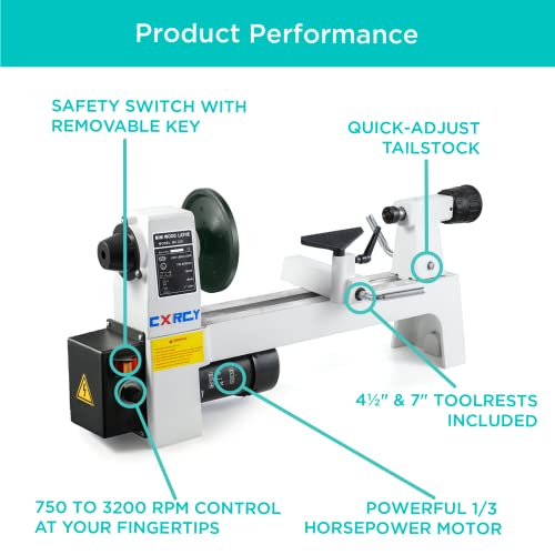 CXRCY 8" x 12" Wood Lathe, Mini Benchtop Wood Lathe Machine1/3 HP Infinitely Variable Speed 750-3200 RPM with 3 Chisels for Woodworking, Woodturning