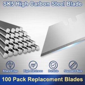 JETMORE 100 Pack Utility Knife Blades, Box Cutter Blades with Dispenser, SK5 High Carbon Steel Heavy Duty Utility Knife Replacement Blades, Standard Size Sharp Blades for Most Box Cutter