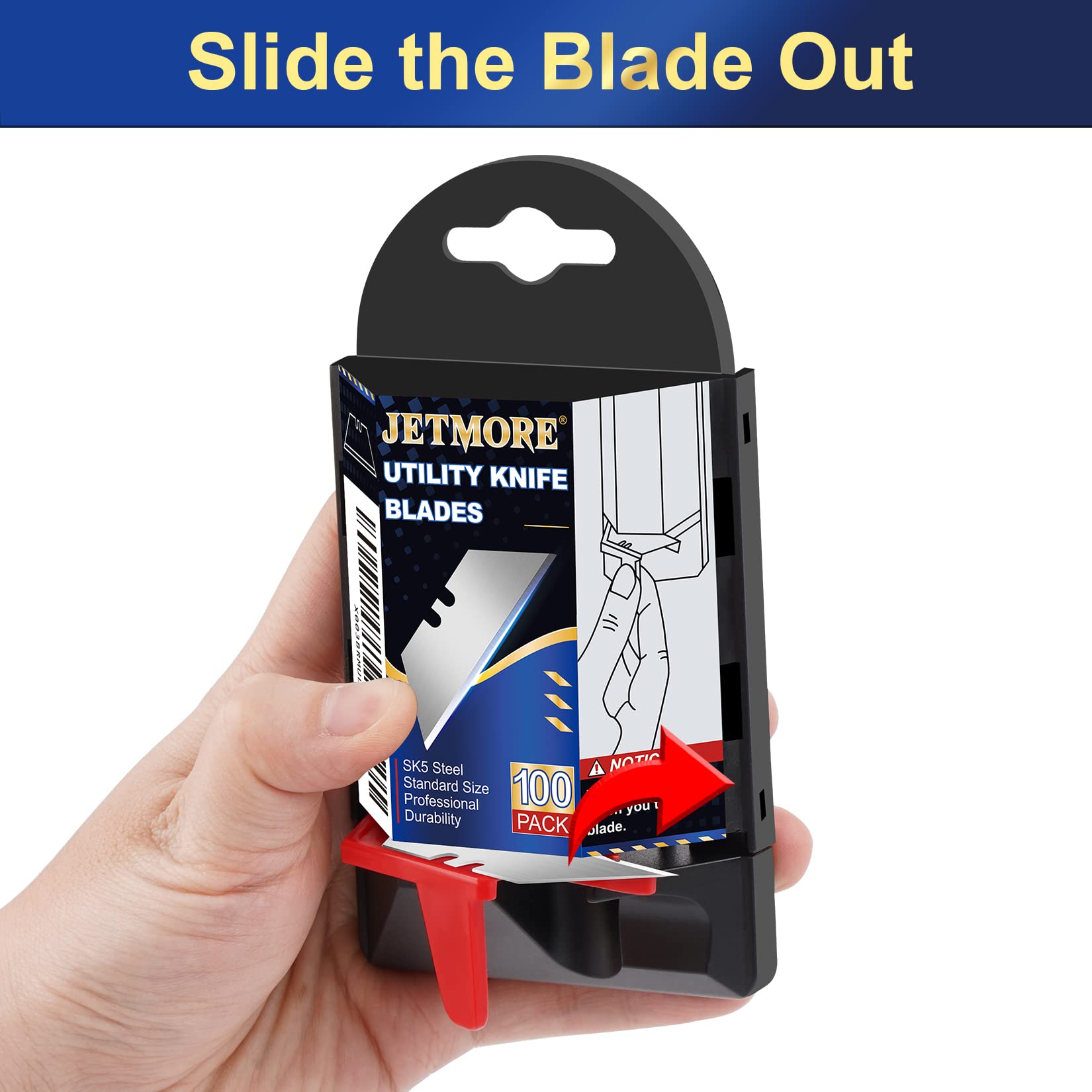 JETMORE 100 Pack Utility Knife Blades, Box Cutter Blades with Dispenser, SK5 High Carbon Steel Heavy Duty Utility Knife Replacement Blades, Standard Size Sharp Blades for Most Box Cutter