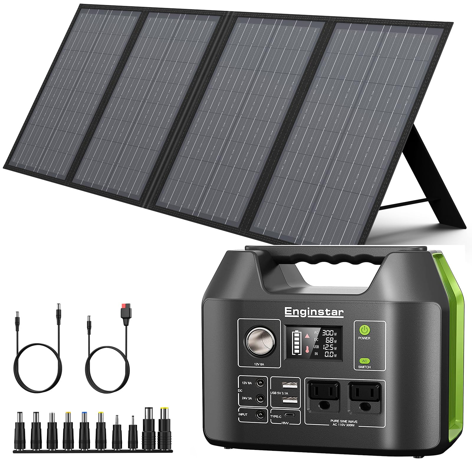 EnginStar Solar Generator 300W Green, with 60W Solar Panel, 80,000mAh Portable Power Bank with AC Outlet for Outdoors Camping Emergency Use