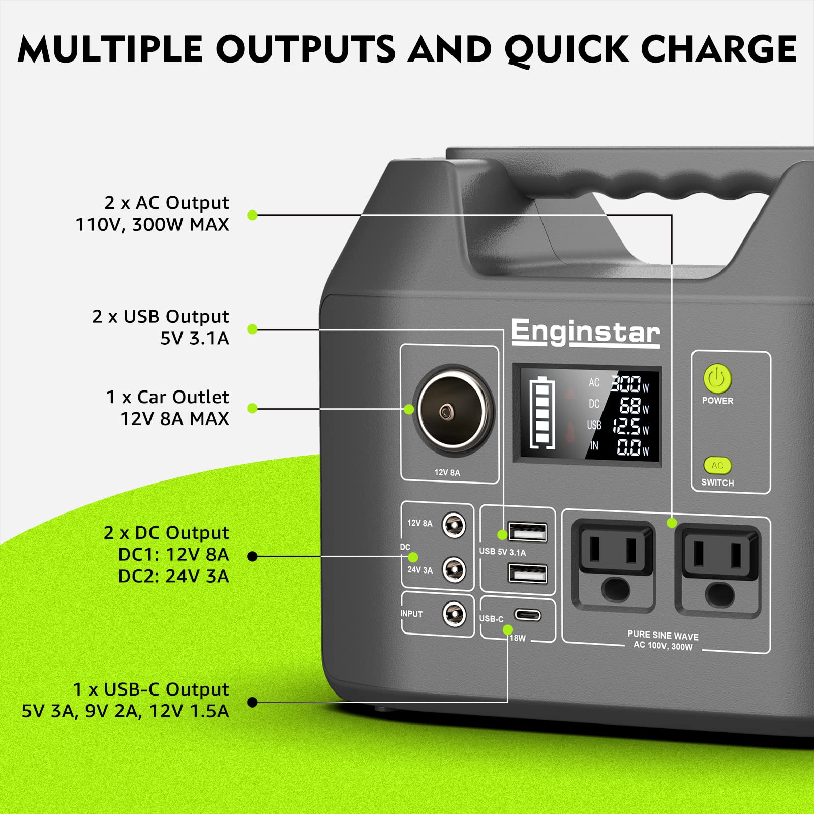 EnginStar Solar Generator 300W Green, with 60W Solar Panel, 80,000mAh Portable Power Bank with AC Outlet for Outdoors Camping Emergency Use