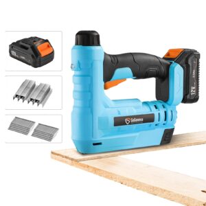 cordless brad nailer, gogonova battery powered 18 gauge 2-in-1 nail gun/staple gun, accepts 5/8'' nails/staples for upholstery and woodworking, including 2ah battery, charger, 1000 nails and staples