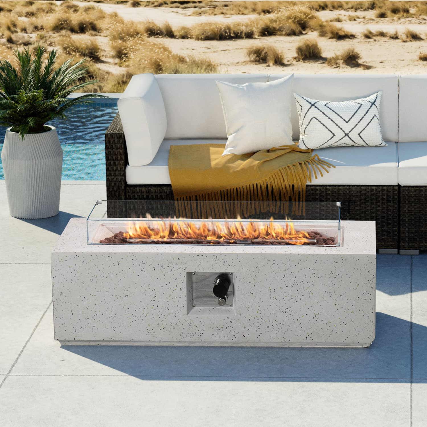 COSIEST Outdoor Propane Fire Pit Coffee Table, 42-inch x 13-inch Terrazzo Rectangle Base Patio Heater w 50,000 BTU Stainless Steel Burner, Wind Guard, Free Lava Rocks and Rain Cover