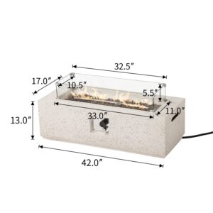 COSIEST Outdoor Propane Fire Pit Coffee Table, 42-inch x 13-inch Terrazzo Rectangle Base Patio Heater w 50,000 BTU Stainless Steel Burner, Wind Guard, Free Lava Rocks and Rain Cover