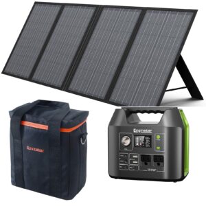 enginstar solar generator 300w green, 60w solar panel and carry bag, 80,000mah portable power bank with ac outlet for outdoors camping emergency use