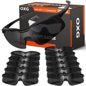 oxg 12 pairs safety glasses, ansi z87.1 uv protection impact resistant safety goggles for women men (grey lens, black frame)