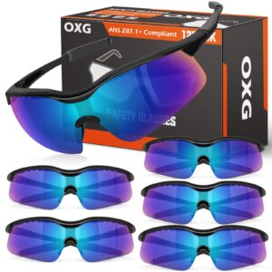 oxg 6 pack safety glasses for men women, ansi z87.1 uv protection impact resistant protective eyewear for sport, construction, fishing, driving (multicolor lens, black frame)