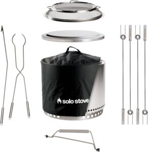 solo stove bonfire ultimate bundle 2.0 | smokeless fire pit, stand, shelter, shield, lid, handle, sticks&tools, portable camping accessories, wood burning, stainless steel, h: 16.75in x dia: 19.5in