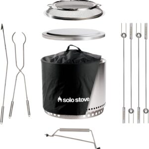 Solo Stove Bonfire Ultimate Bundle 2.0 | Smokeless Fire Pit, Stand, Shelter, Shield, Lid, Handle, Sticks&Tools, Portable Camping Accessories, Wood Burning, Stainless Steel, H: 16.75in x Dia: 19.5in