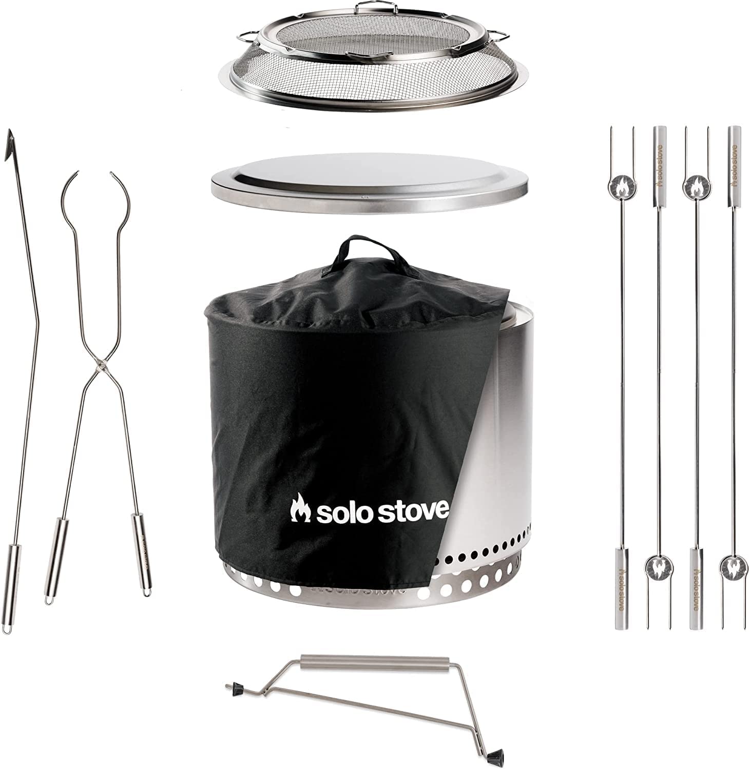 Solo Stove Bonfire Ultimate Bundle 2.0 | Smokeless Fire Pit, Stand, Shelter, Shield, Lid, Handle, Sticks&Tools, Portable Camping Accessories, Wood Burning, Stainless Steel, H: 16.75in x Dia: 19.5in