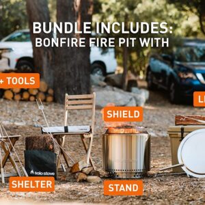 Solo Stove Bonfire Ultimate Bundle 2.0 | Smokeless Fire Pit, Stand, Shelter, Shield, Lid, Handle, Sticks&Tools, Portable Camping Accessories, Wood Burning, Stainless Steel, H: 16.75in x Dia: 19.5in