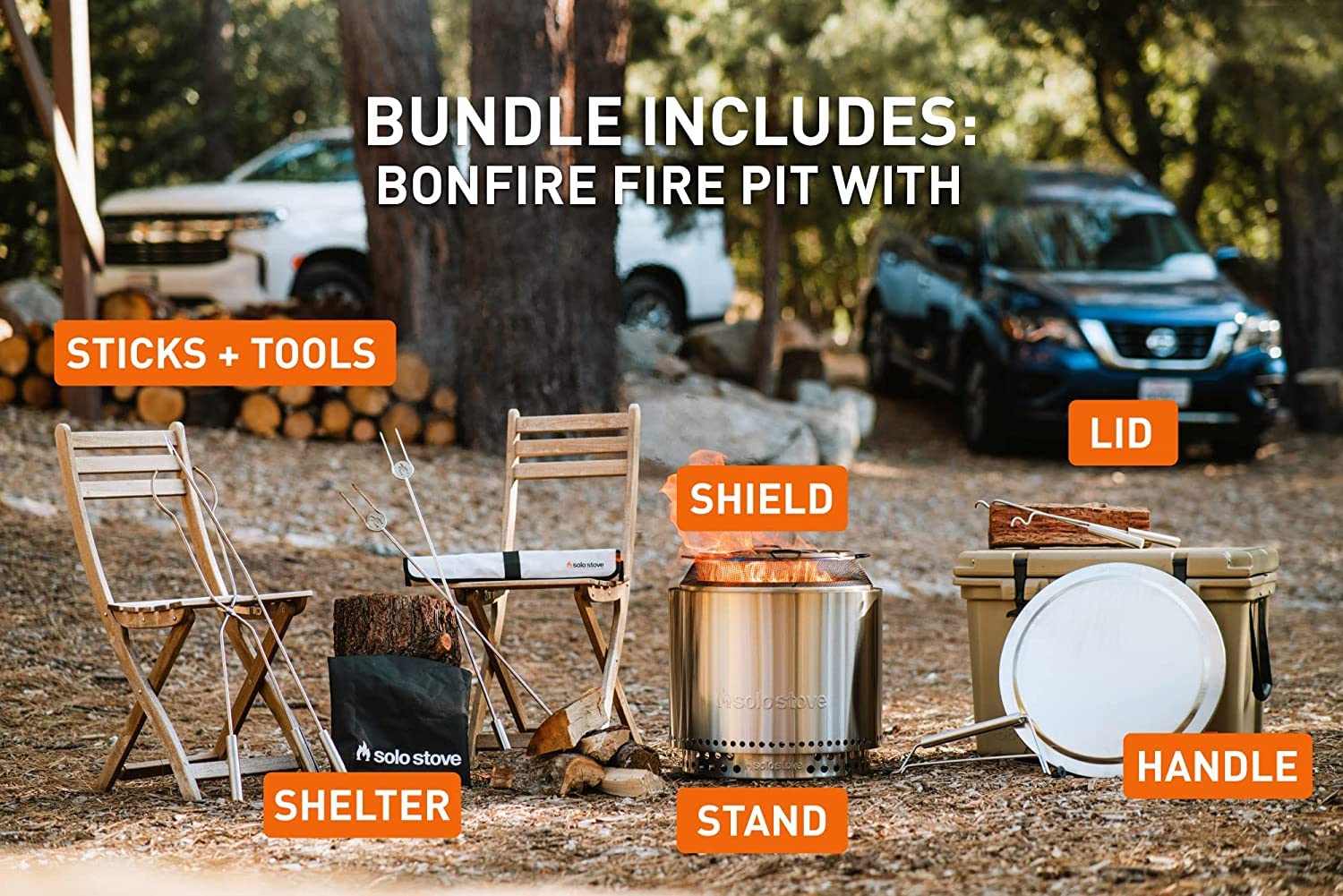 Solo Stove Bonfire Ultimate Bundle 2.0 | Smokeless Fire Pit, Stand, Shelter, Shield, Lid, Handle, Sticks&Tools, Portable Camping Accessories, Wood Burning, Stainless Steel, H: 16.75in x Dia: 19.5in