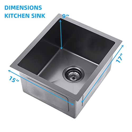 MELANSTAR Stainless Steel Single Bowl Wet Bar Sinks Drop-in Small Kitchen Prep Sink with Sink Strainer Waste Basket and Bottom Grid, 15" x 17" x 9", Black