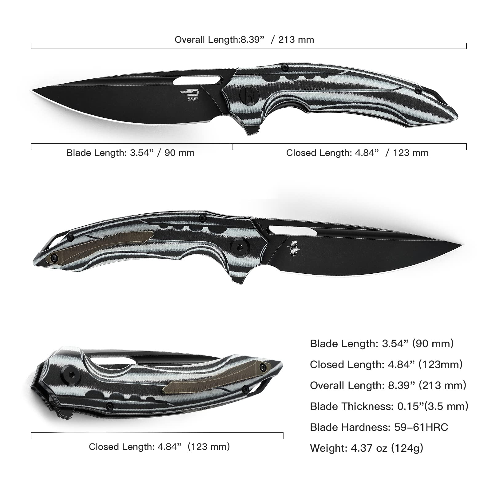 BESTECH KNIVES Pocket Folder Folding Knife: 3.54" N690 Steel Black Blade, Carbon Fiber and G10 Scales, Flipper, Liner Lock, EDC Titanium Clip, BL02D (White 02)