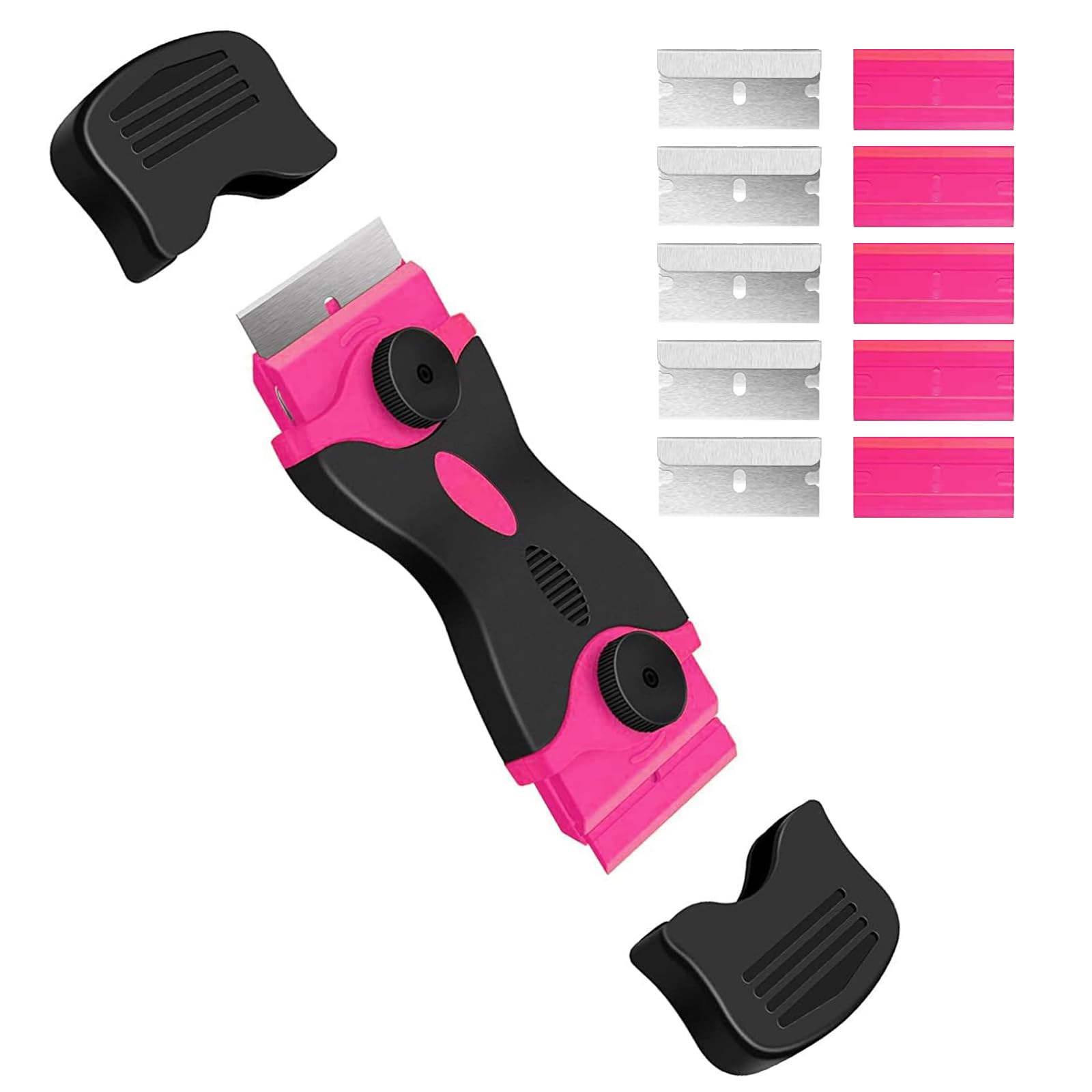 DEKEones Razor Blade Scraper, 2 Pack Double Edged Razor blade Scraper Tool with 30 Pcs Razor Blades, Glass Scraper for Windows, Decals, Tint, Stickers, Labels, Caulk, Adhesive（Pink）