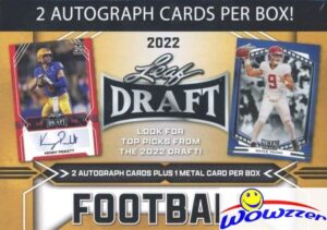 2022 leaf draft football gold exclusive factory sealed blaster box with (2) autographs & 1 metal rookie card! look for autos of kenny pickett, malik willis, bryce young, sam howell & more! wowzzer!