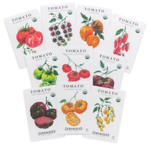 sereniseed certified organic tomato seeds (10-pack) – non gmo, open pollinated – cherokee purple, chocolate cherry, green zebra, brandywine pink, black krim and more - tomato seeds for planting