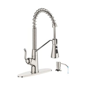 kitchen faucet with soap dispenser,single handle faucet for camper farmhouse rv kitchen sink,spring kitchen sink faucets with pull down sprayer and deck plate,three-function spray head, brushed nickel