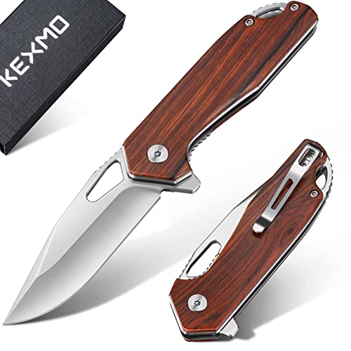 KEXMO Pocket Knife for Men - 2.96'' Ultra Sharp D2 Blade Rosewood Handle Folding Pocket Knife with Clip - Small EDC Wood Knife for Tactical Survival Camping Hunting Gift for Men Dad Husband Women