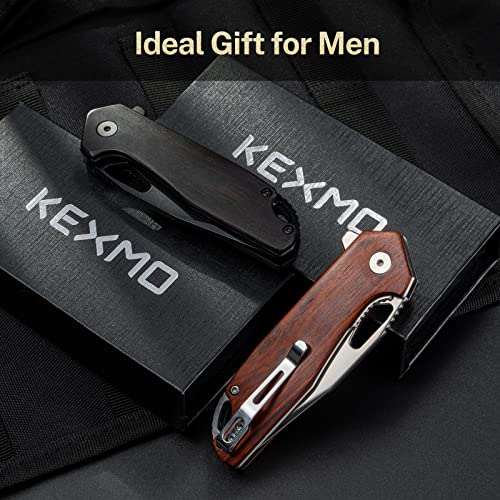 KEXMO Pocket Knife for Men - 2.96'' Ultra Sharp D2 Blade Rosewood Handle Folding Pocket Knife with Clip - Small EDC Wood Knife for Tactical Survival Camping Hunting Gift for Men Dad Husband Women