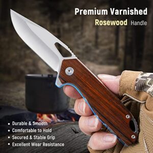 KEXMO Pocket Knife for Men - 2.96'' Ultra Sharp D2 Blade Rosewood Handle Folding Pocket Knife with Clip - Small EDC Wood Knife for Tactical Survival Camping Hunting Gift for Men Dad Husband Women