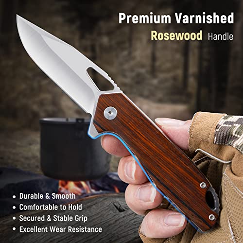 KEXMO Pocket Knife for Men - 2.96'' Ultra Sharp D2 Blade Rosewood Handle Folding Pocket Knife with Clip - Small EDC Wood Knife for Tactical Survival Camping Hunting Gift for Men Dad Husband Women