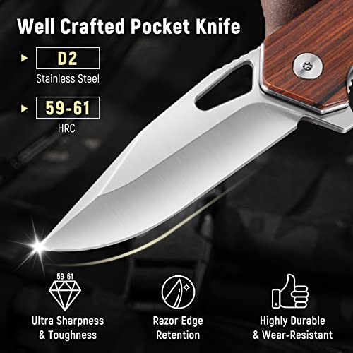 KEXMO Pocket Knife for Men - 2.96'' Ultra Sharp D2 Blade Rosewood Handle Folding Pocket Knife with Clip - Small EDC Wood Knife for Tactical Survival Camping Hunting Gift for Men Dad Husband Women