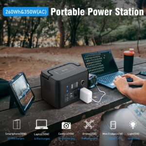 Powkey Solar Generator 350W and 10W USB Light, 260Wh Backup Lithium Battery for for Outdoors Camping Travel Hunting Emergency