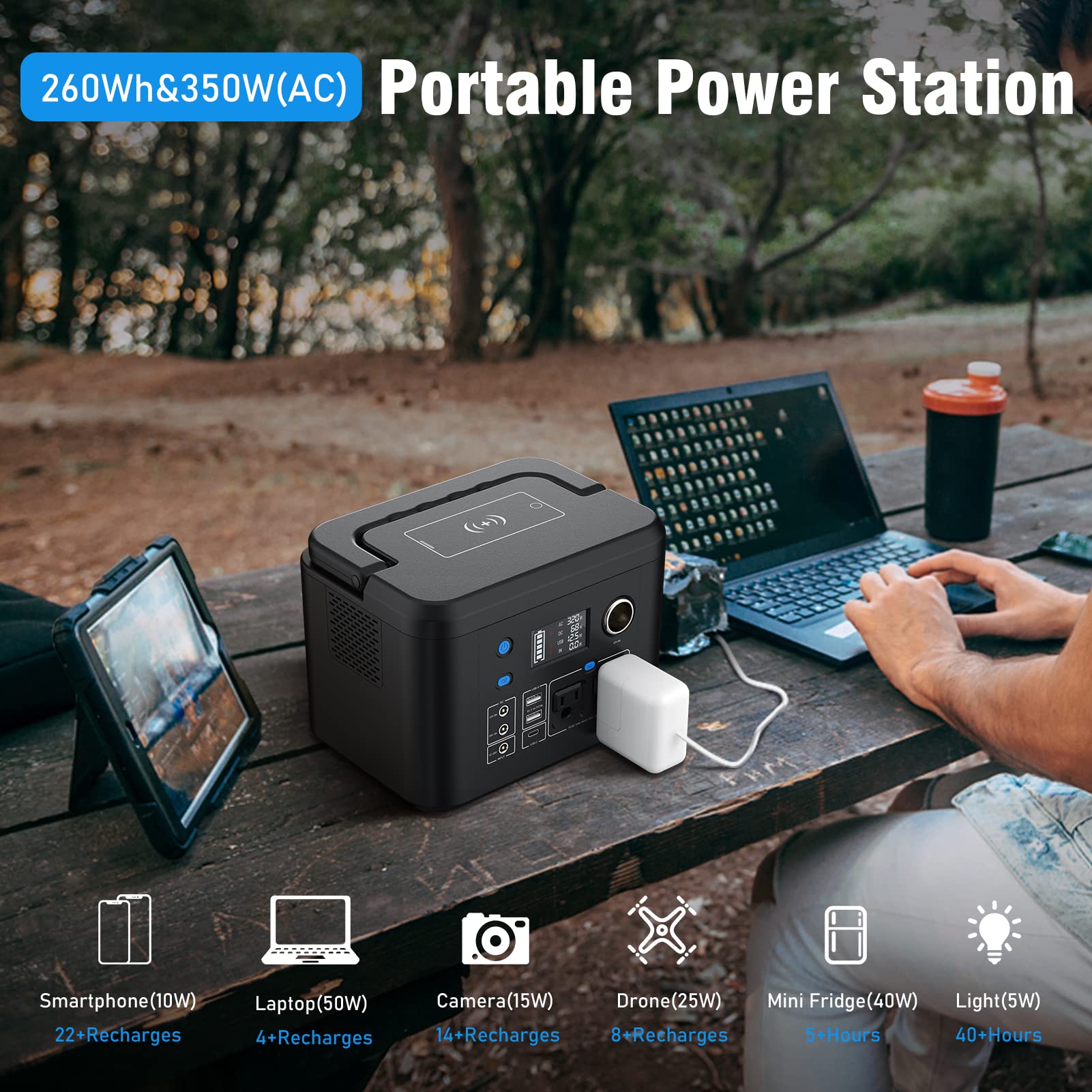 Powkey Solar Generator 350W and 10W USB Light, 260Wh Backup Lithium Battery for for Outdoors Camping Travel Hunting Emergency