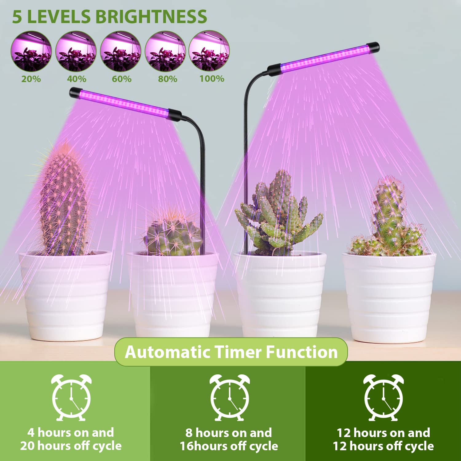 Juhefa Grow Light for Indoor Plants Growing, 2-Pack Red Blue Full Spectrum Plant Lamp with Flexible Gooseneck & Multiple Brightness for Seeding Succulent Bonsai Plants, 4/8/12H Timing