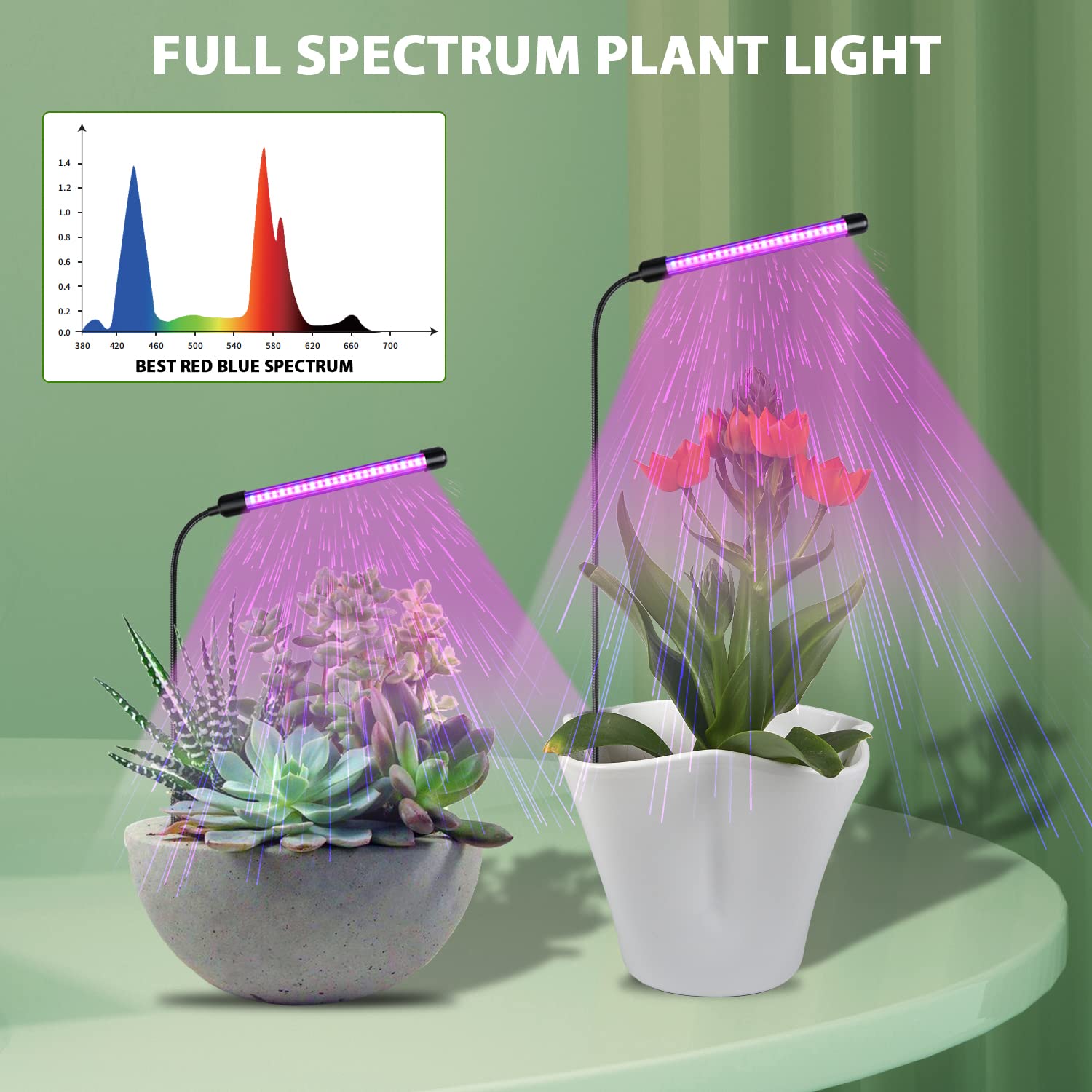 Juhefa Grow Light for Indoor Plants Growing, 2-Pack Red Blue Full Spectrum Plant Lamp with Flexible Gooseneck & Multiple Brightness for Seeding Succulent Bonsai Plants, 4/8/12H Timing