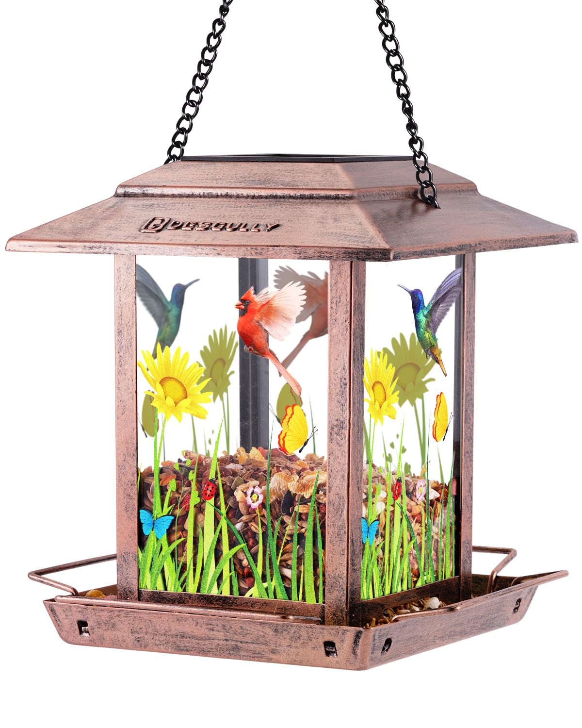 DesGully Bird Feeders for Outdoors Hanging - 2.5 LBs Wild Birds Metal Solar Bird Feeder for Outside Gift Ideas for Bird Lovers Garden Yard Bird Seeds (Chew-Proof,Weather Resistance)